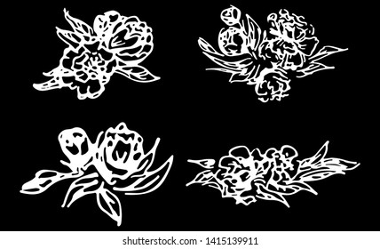 Abstract peonies and roses isolated on black background. Hand drawn floral collection. 4 floral graphic elements. Big vector set. Outline icons