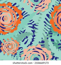 Abstract peony flower and leaves seamless vector pattern background. Tropical color backdrop with overlapping flowers foliage. Modern paper cut out style peonies. Botanical garden florals repeat