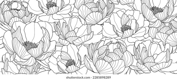 Abstract peony flower line art background vector. Natural botanical elegant flower with line art. Design illustration for decoration, wall decor, wallpaper, cover, banner, poster, card.