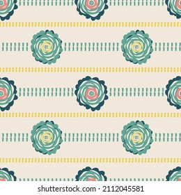 Abstract peony flower seamless vector pattern background. Blue white backdrop with groups of flowers and broken stitch horizontal stripes .Paper cut out style peonies. Botanical striped floral repeat
