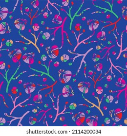 Abstrakte Peronenblume, nahtloser Vektormuster-Hintergrund. Helle Neonfarbenhintergrund mit verstreuten Blumen auf Stielen. Moderne Faux-Lino-Printstile. Botanische Gartenfloralwiederholen für den Sommer
