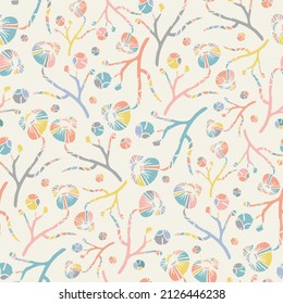 Abstract peony flower seamless vector pattern background. Pink blue white backdrop with scattered flowers on stems. Modern faux lino print style peonies. Botanical garden floral repeat for summer