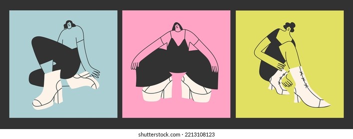 Abstract People With Big Boots And Small Heads. Cute Disproportionate Characters. Different Shoes And Poses. Hand Drawn Trendy Vector Illustrations. Every Person Is Isolated. Print, Design Templates 