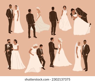 Resumen de personas novias y novios parejas de boda. Conjunto de vectores