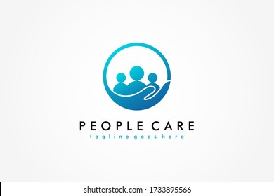 Abstract People Care Logo. Blue Human Icon with Circular Hand Symbol Around isolated on White Background. Flat Vector Logo Design Template Element.