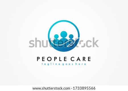 Abstract People Care Logo. Blue Human Icon with Circular Hand Symbol Around isolated on White Background. Flat Vector Logo Design Template Element.