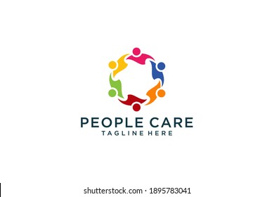 Abstract People Care Logo. Human Icon with Circular Hand Symbol Around isolated on White Background. Flat Vector Logo Design Template Element.