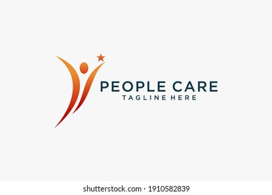 Abstract People Care Logo. Human Icon with Circular Hand Symbol Around isolated on White Background. Flat Vector Logo Design Template Element.