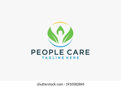 Abstract People Care Logo. Human Icon with Circular Hand Symbol Around isolated on White Background. Flat Vector Logo Design Template Element.