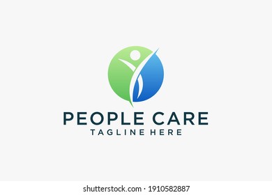 Abstract People Care Logo. Human Icon with Circular Hand Symbol Around isolated on White Background. Flat Vector Logo Design Template Element.
