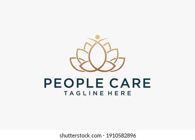 Abstract People Care Logo. Human Icon with Circular Hand Symbol Around isolated on White Background. Flat Vector Logo Design Template Element.