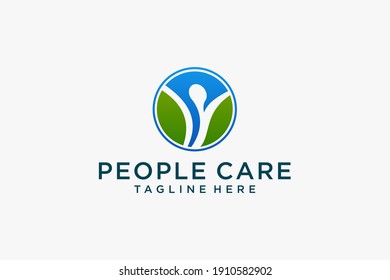 Abstract People Care Logo. Human Icon with Circular Hand Symbol Around isolated on White Background. Flat Vector Logo Design Template Element.