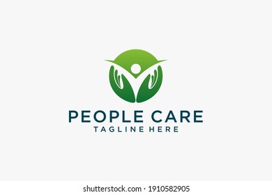 Abstract People Care Logo. Human Icon with Circular Hand Symbol Around isolated on White Background. Flat Vector Logo Design Template Element.
