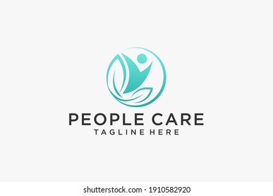 Abstract People Care Logo. Human Icon with Circular Hand Symbol Around isolated on White Background. Flat Vector Logo Design Template Element.