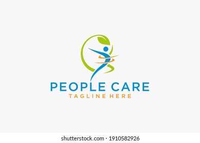Abstract People Care Logo. Human Icon with Circular Hand Symbol Around isolated on White Background. Flat Vector Logo Design Template Element.