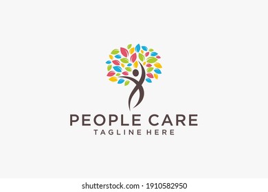 Abstract People Care Logo. Human Icon with Circular Hand Symbol Around isolated on White Background. Flat Vector Logo Design Template Element.