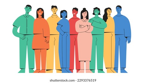 Abstract people community, coworkers or friends are standing, hugging together. Set of colored flat vector illustration isolated on white background.