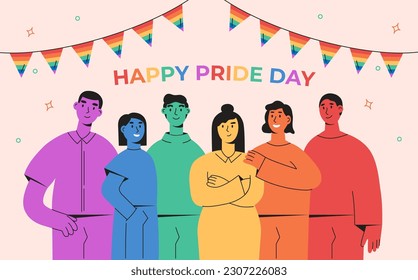 Abstract people community, LGBT community are standing, hugging together. Horizontal background for pride month celebration. Сolored flat vector illustration.