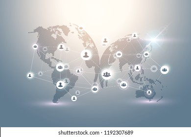 Abstract People Connection Technology Concept With Dotted World Globe. Global Business Concept And Internet Technology Background. Modern Company Processes. Analytical Networks. Vector Illustration