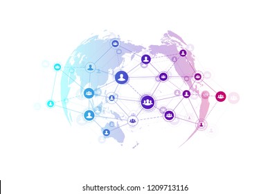 Abstract people connection technology concept with dotted world globe. Global business concept and internet technology background. Modern company processes. Analytical networks. Vector illustration