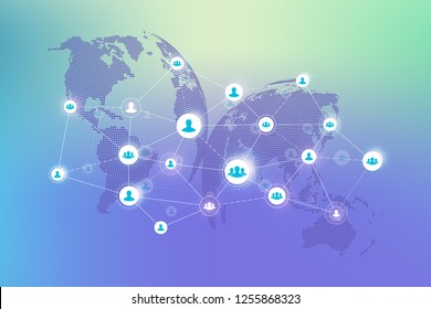 Abstract people connection technology concept with dotted world globe. Global business concept and internet technology background. Modern company processes. Analytical networks. Vector illustration