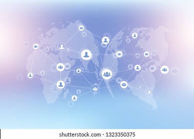 Abstract people connection technology concept with dotted world globe. Global business concept and internet technology background. Modern company processes. Analytical networks. Vector illustration.
