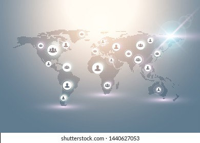 Abstract people connection technology concept with dotted world globe. Global business concept and internet technology background. Modern company processes. Analytical networks. Vector illustration.