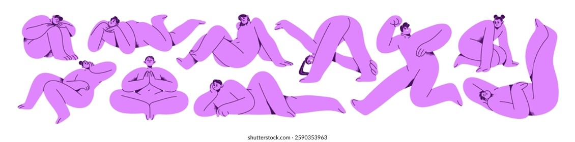 Abstract people are in different poses set. Cartoon characters with naked plump bodies relax, sit, lying, practice yoga asanas, go and run. Flat isolated vector illustrations on white background