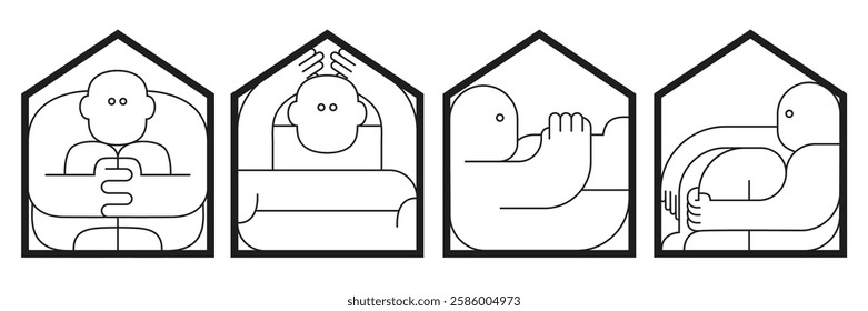 Abstract people in different poses are in silhouette of house. Cartoon groovy characters. Concept design for community, mental health. Minimal fashion illustration.