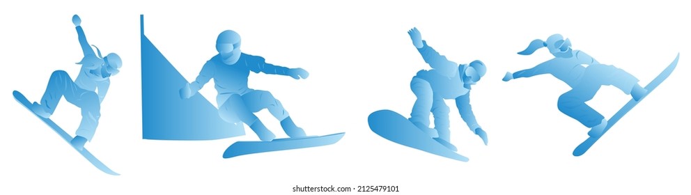 Abstract people doing sports exercises on a snowboard. Vector graphic illustration