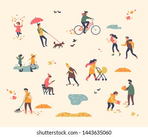 Abstract people enjoying autumn or fall season. Various characters umping in puddles, collecting leaves, walking, cycling wearing autumn or fall season clothes