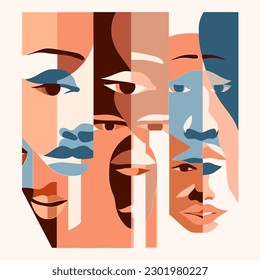 abstract people face art with different skin colors, multiracial, no racism, diversity