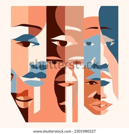 abstract people face art with different skin colors, multiracial, no racism, diversity