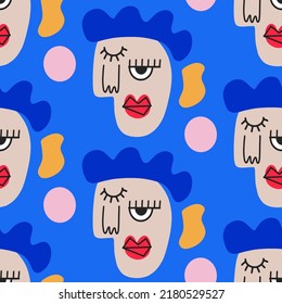 Abstract People Faces Seamless Pattern. Geometric Collage with Human face print. Cubism art, creative funny abstract background. Contemporary Design Faces art, Hand drawn fashion vector illustration