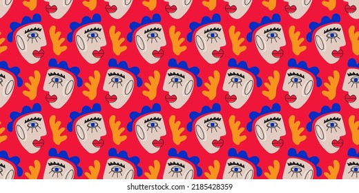 Abstract People Faces Seamless Pattern. Geometric Collage with Human heads print. Cubism art, creative funny abstract background. Contemporary Design Faces art, Hand drawn fashion vector illustration