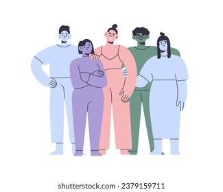 Resumen del grupo de personas. Felices personajes de hombres y mujeres juntos, retrato. Equipo de diversos amigos, comunidad internacional unida. Ilustración vectorial plana aislada en fondo blanco