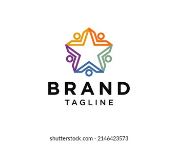 Abstract People Group Logo. Colorful Geometric Shapes With Negative Space Five Star Icon Inside Isolated On White Background. Flat Vector Logo Design Template Element For Business And Teamwork Logos.