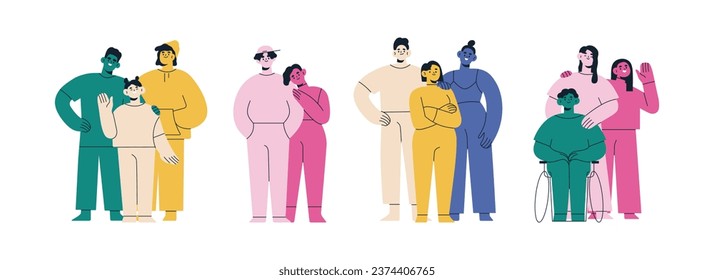 Abstract people groups set. Diverse colorful teams, different characters. Happy families with kid, couples, friends standing together, portraits. Flat vector illustration isolated on white background