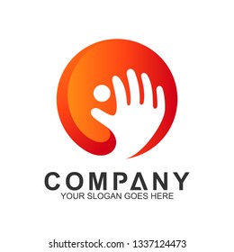 abstract people and hand in circle shape vector logo design, human care, kids logo