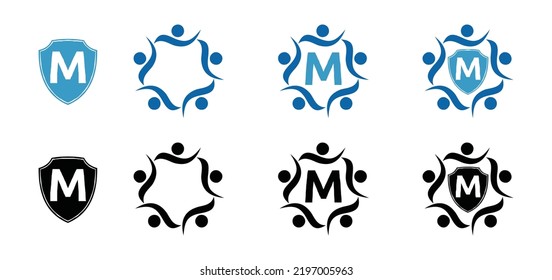 Abstract People helping each other Icon Symbol Vector. Abstract Person Modern with letter M Sign Logo. abstract people and human family logo design vector