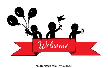 Abstract people hold a red ribbon with Welcome text, hold balloons, flag, phone. Art element for adult coloring book page design, child magazine, banner, template.