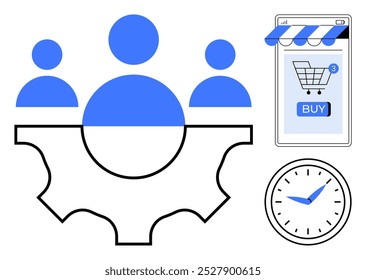 Abstract people icons on a gear, a smartphone with an online shopping cart, and a clock. Ideal for team collaboration, online shopping, digital marketing, time management, and technology. Crisp