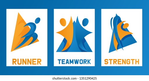 Abstract people icons set of cards, banners, posters vector illustration. Sport competition. Runner, teamwork, strength. Being active. Healthy lifestyle. Taking part in event.