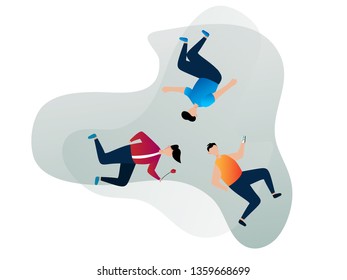 abstract People jump, hold the phone and carry the flower flat design