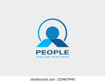 Abstract People Logo. Blue Geometric Shape Human Symbol with Three angel isolated one Grey background. Usable for Industry, Branding and Business Logos. Flat Vector Logo Design Template Element
