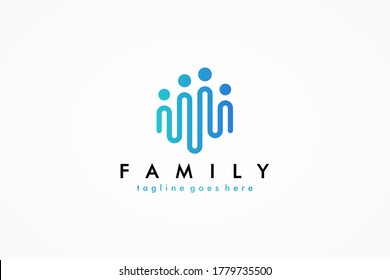 Abstract People Logo. Blue Rounded Line Linked Human Icon Pulse Wave Style isolated on White Background. Usable for Teamwork and Family Logos. Flat Vector Logo Design Template Element
