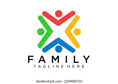 Logo de personas abstractas. Línea redondeada azul Estilo de onda de impulsos del icono humano ligado aislado en fondo blanco. Usable para trabajo en equipo y logotipos familiares. Diseño de logotipo de vectores planos