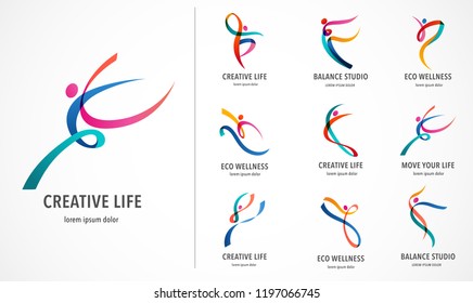 Absztrakt emberek logótervezés. Tornaterem, fitness, futó edző vektor színes logó. Aktív Fitness, sport, tánc web ikon és szimbólum