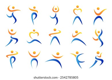 Diseño de logotipo de personas Abstractas. deportes, gimnasio, fitness, Ilustración vectorial de conjunto de iconos de entrenador de running