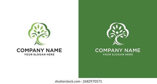 Resumo do design do logotipo de pessoas com elementos vetoriais de folha de árvore.